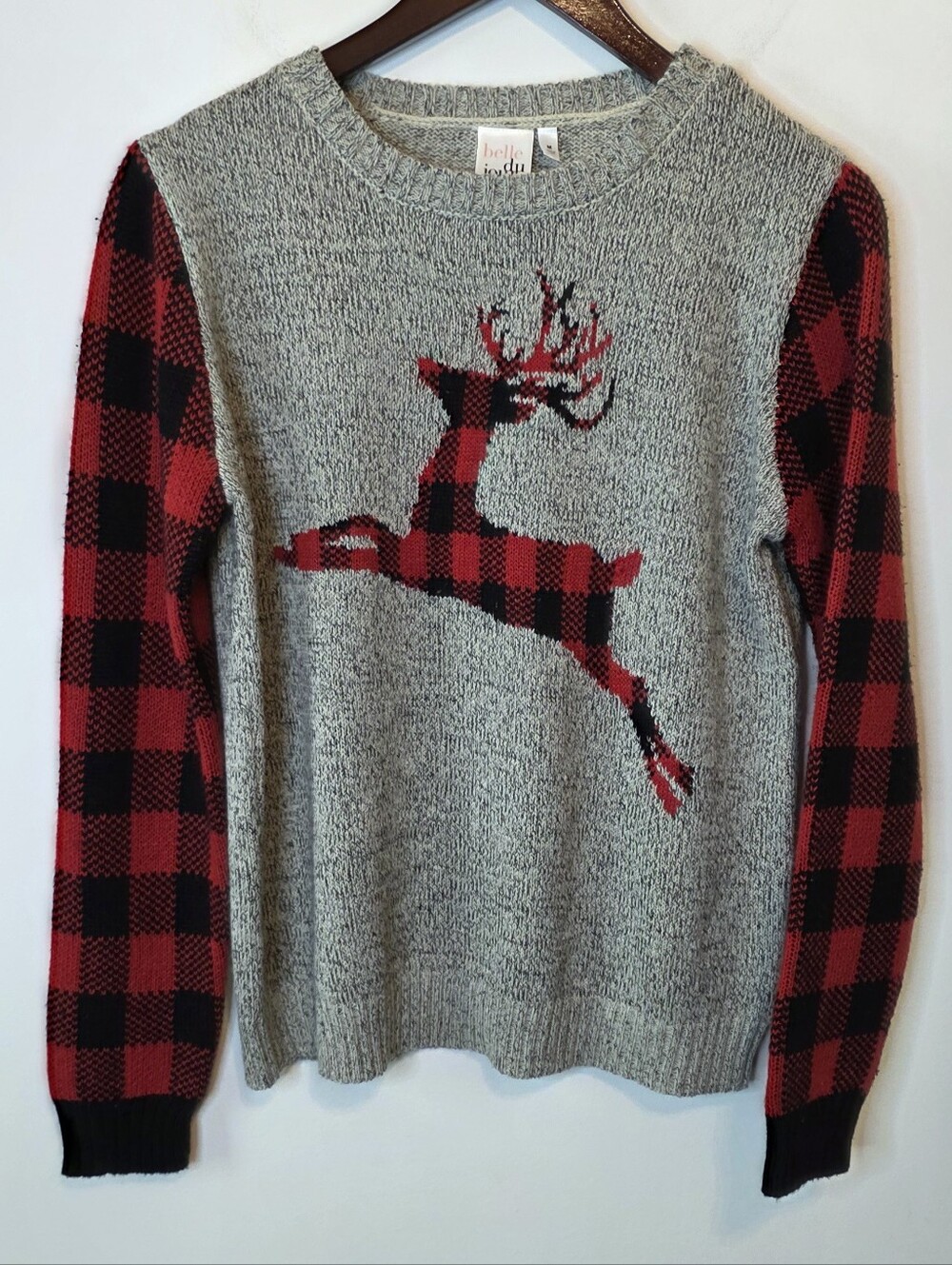 Belle Du Jour Reindeer Plaid Knit Sweater Gray Red Buffalp Check Size Medium